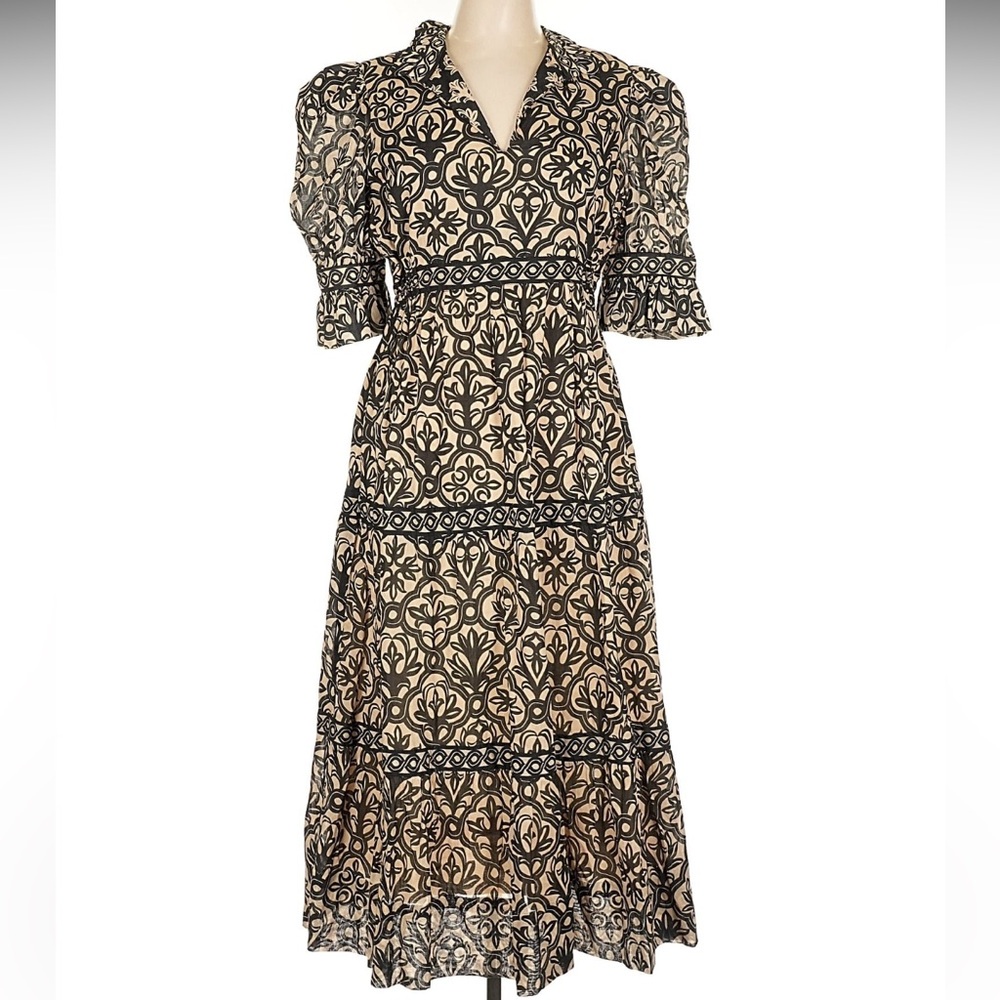 Gretchen Scott Ruffneck 100% Cotton Tiered Maxi Dress Large Black Tan.       G55